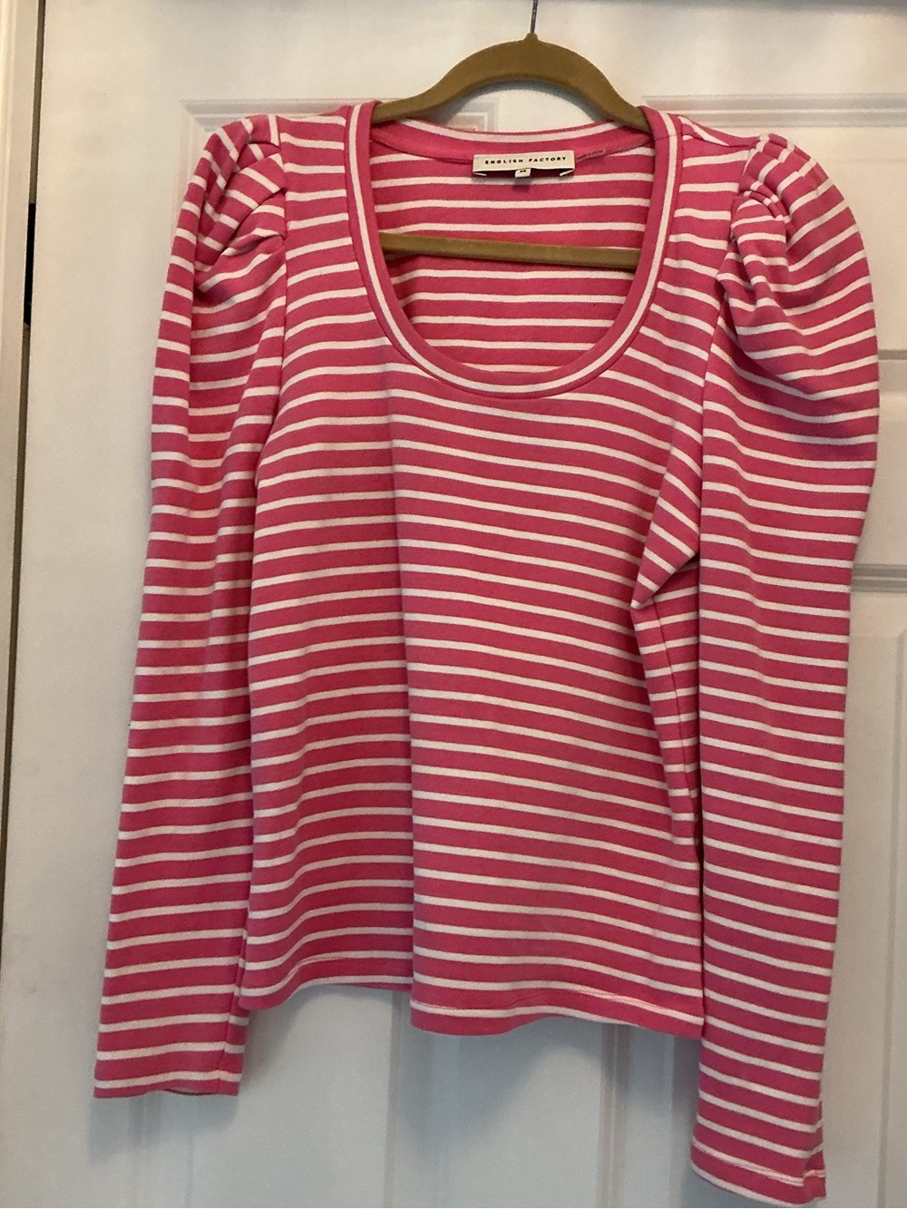 English Factory Pink and White Striped Puff Sleeve Top